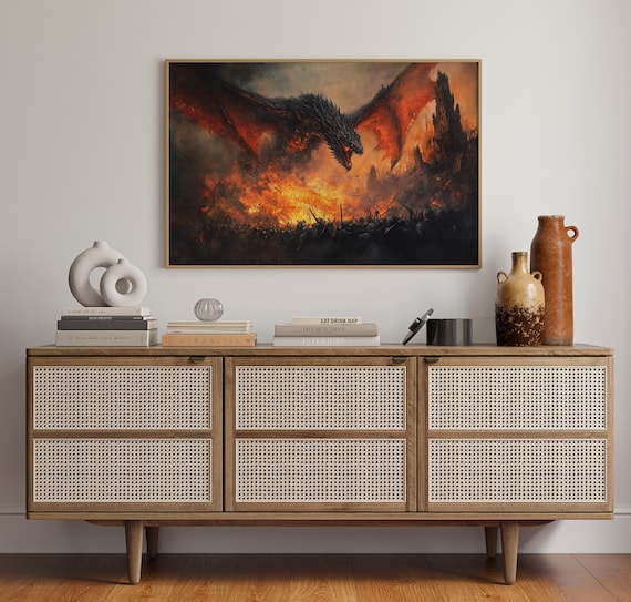 Epic Dragon Battle Canvas Wall Art Dark Fantasy Fire Breathing Painting Medieval War Decor Game Room Poster