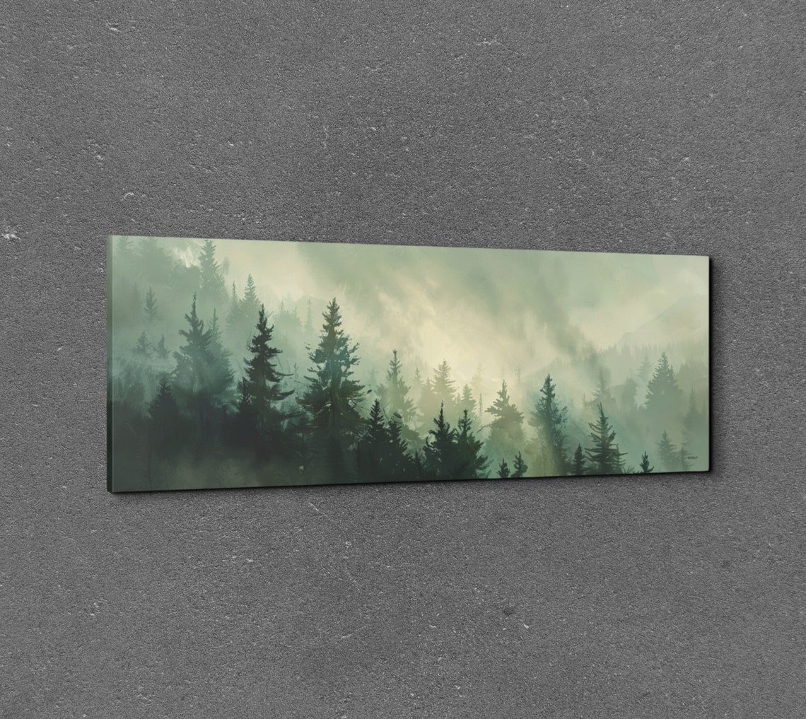 Morning Fog Rolling Over a Misty Pine Forest Panoramic Wall Art - Image 2