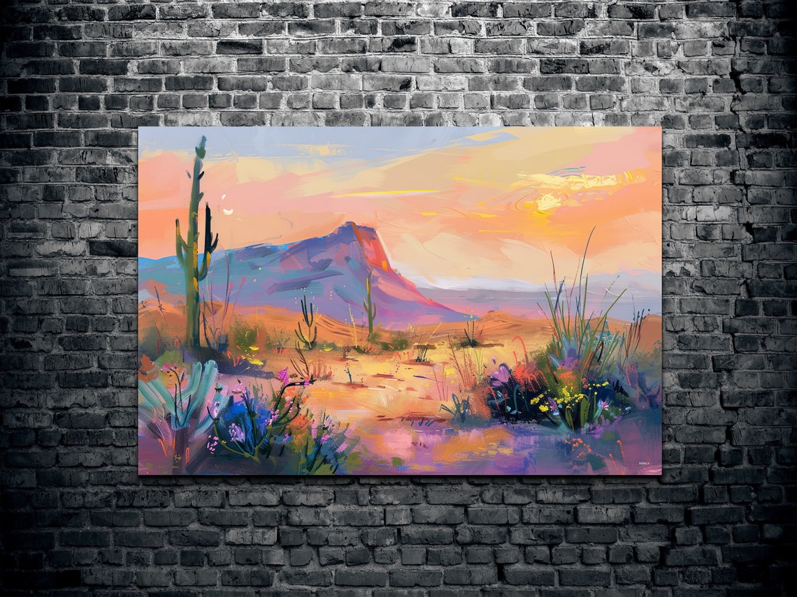 Pastel Desert Mountain Sunrise Saguaro Soft Color Landscape Poster - Image 2