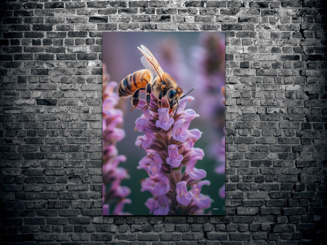 Honey Bee Macro Purple Blossom Pollinating Nature Photo Poster - Image 2