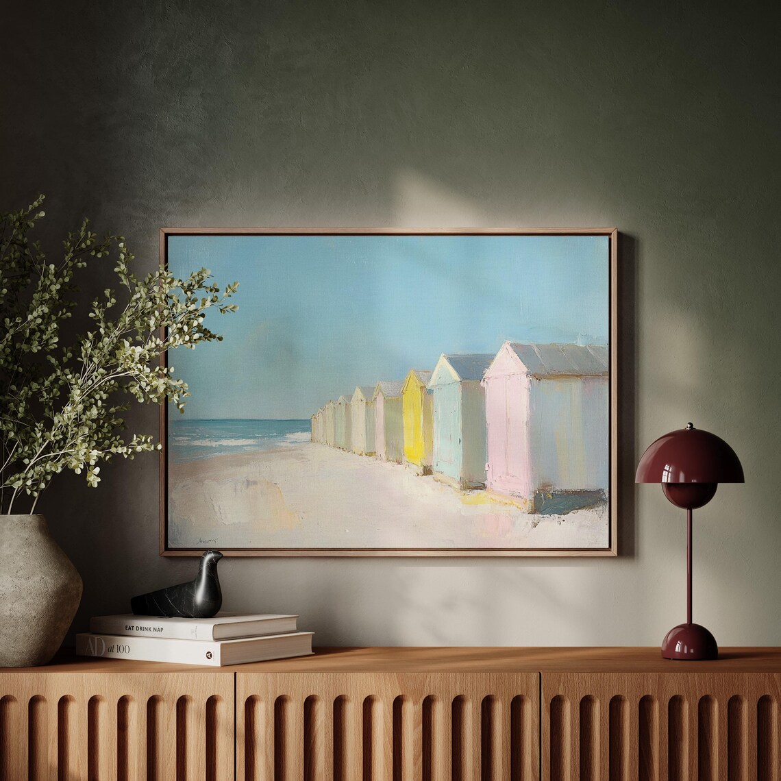 Coastal Beach Huts Art Print, Pastel Summer Seaside Scene - Image 5