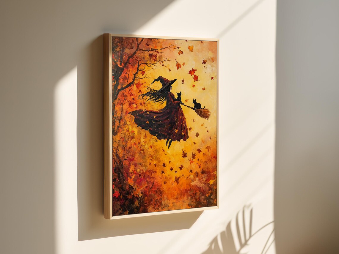 Autumn Witch With Cats On Broomstick, Halloween Decor - Image 3