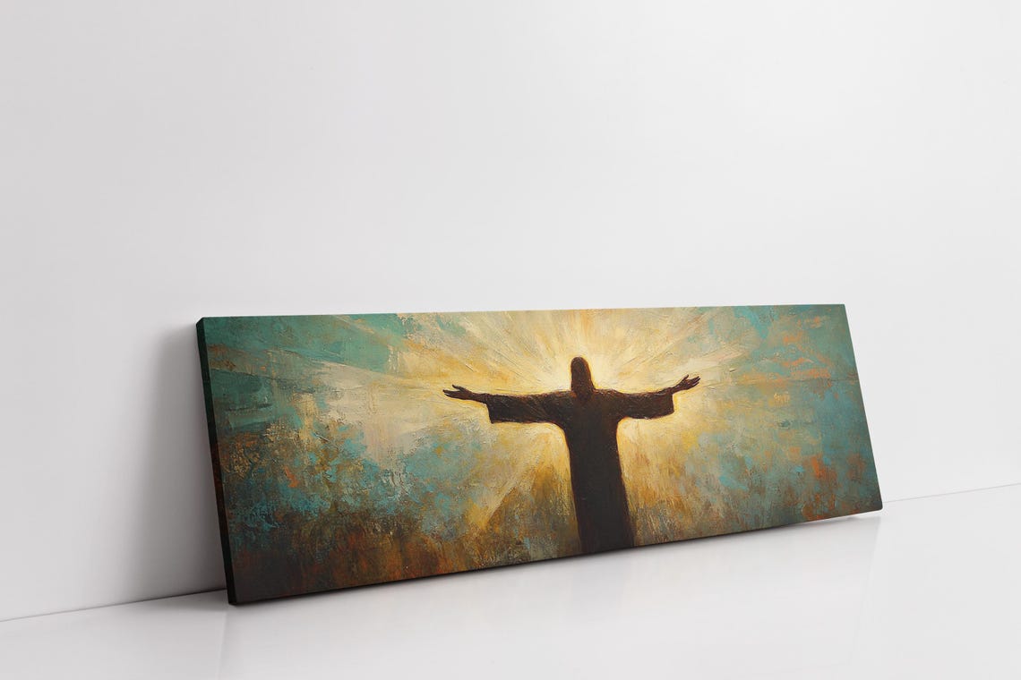 Jesus Christ Silhouette Outstretched Arms Radiant Golden Light Poster - Image 7