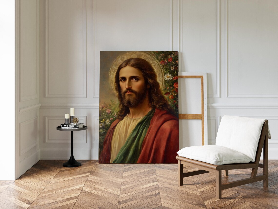 Jesus Christ Portrait With Golden Halo Wildflowers Faith Poster - Image 4