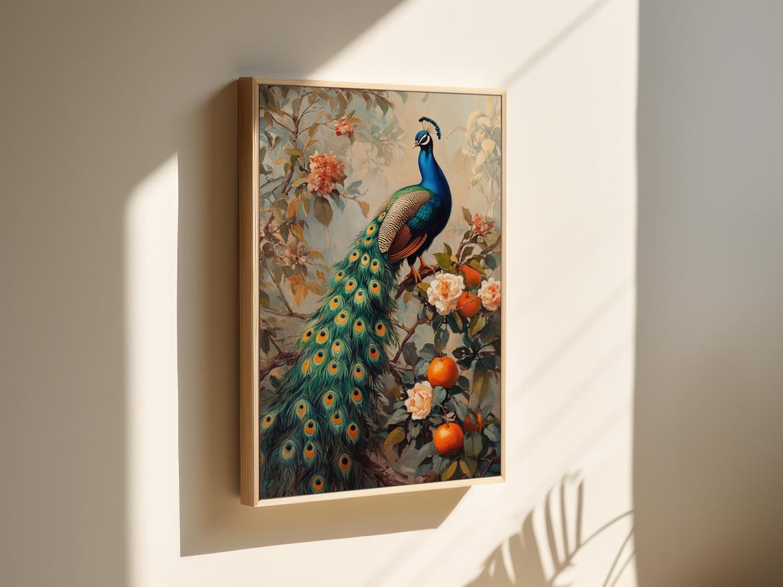 Majestic Peacock On Blossoming Branch With Oranges Vintage Poster - Image 4