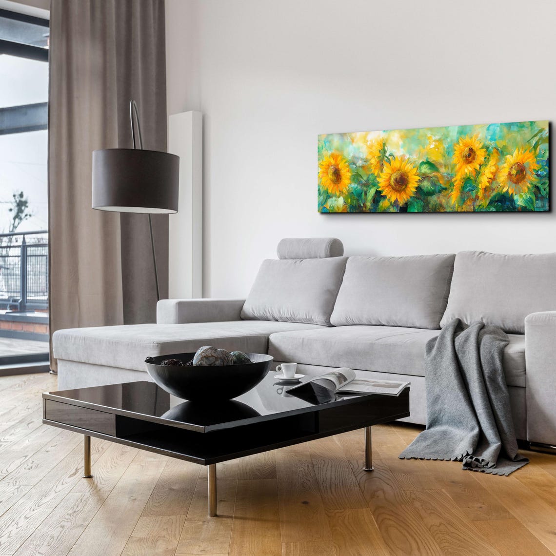 Golden Bright Sunflower Field Watercolor Blooms Panoramic Wall Art - Image 3