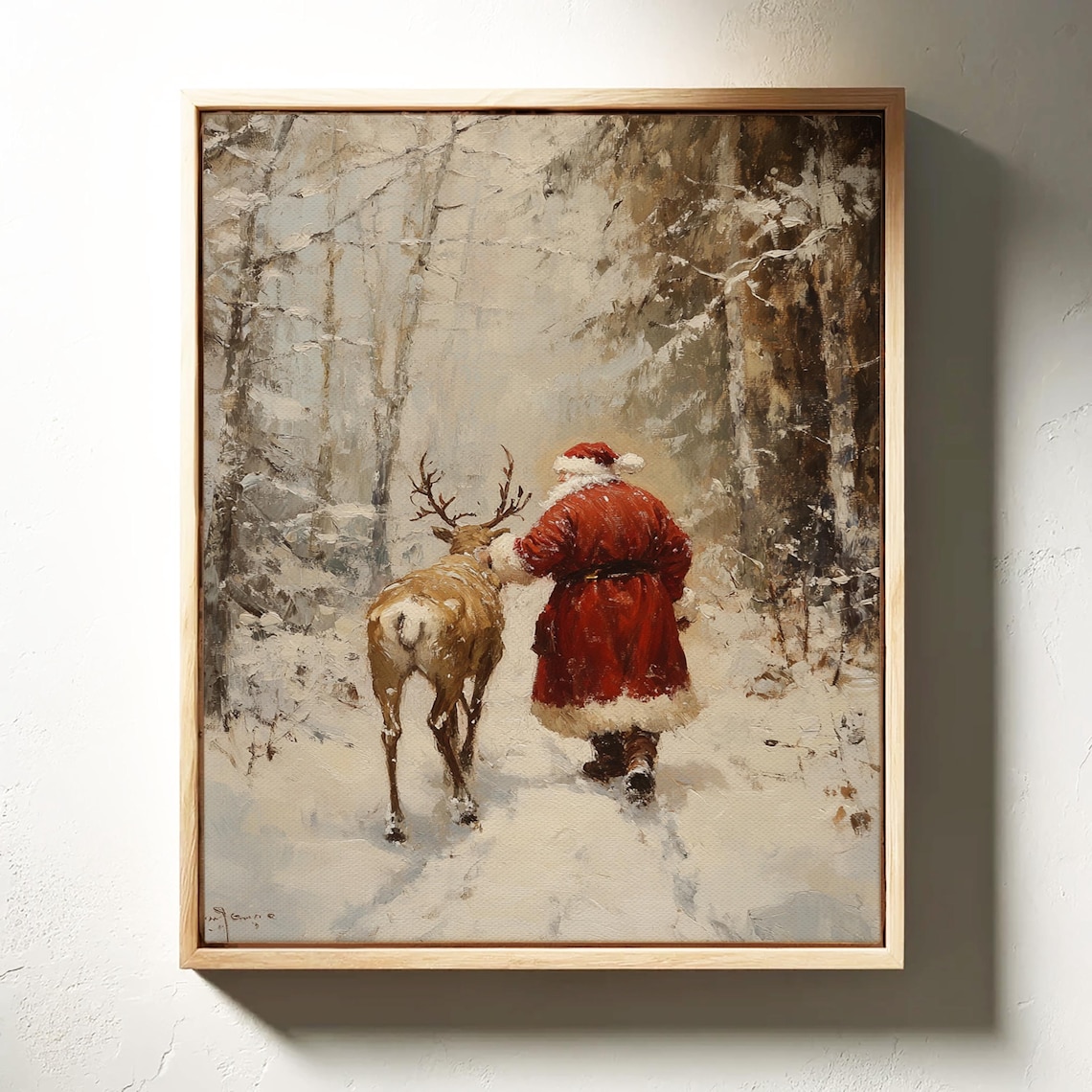 Vintage Christmas Santa Walking With Reindeer, Poster