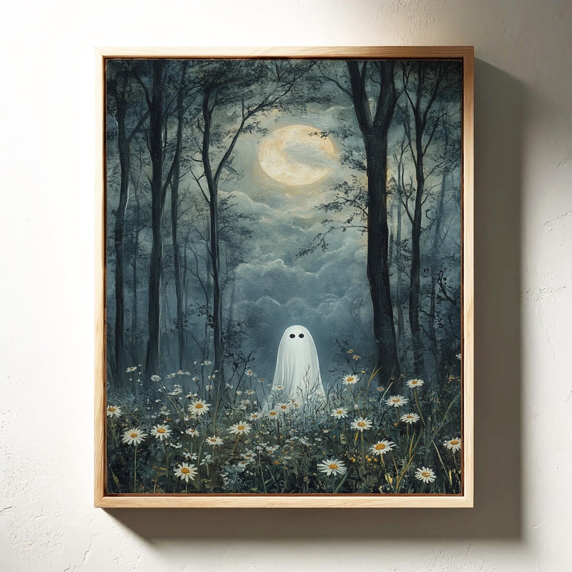 Cute Ghost In Moonlit Forest Full Moon Daisies Spooky Sweet Wall Art Poster - Image 2