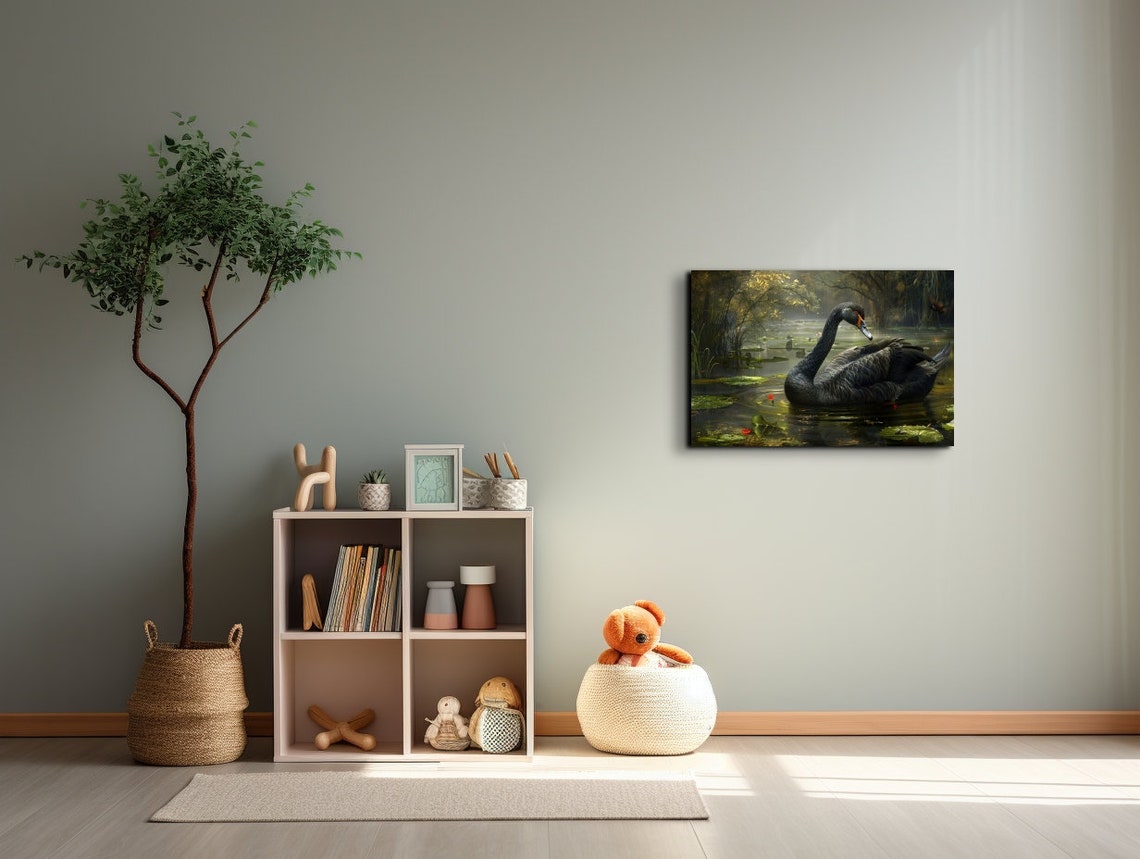 Serene Black Swan Gliding on Lily Pond Green Water Wildlife Poster - Image 6