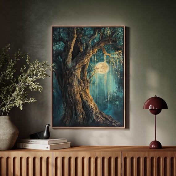 Enchanted Moonlit Tree Art Mystical Forest Wall Decor Golden Glow Night Scene With Dreamy Ethereal Aesthetic