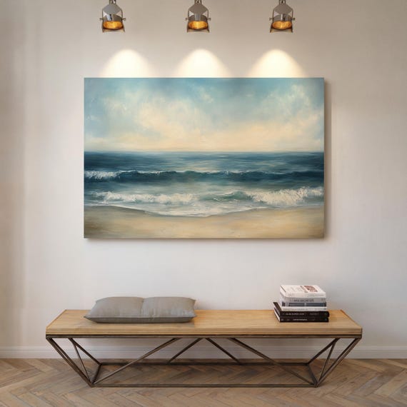 Serene Ocean Waves Coastal Beach Wall Art Tranquil Seascape Painting Nautical Home Decor Soft Blue Ocean Print