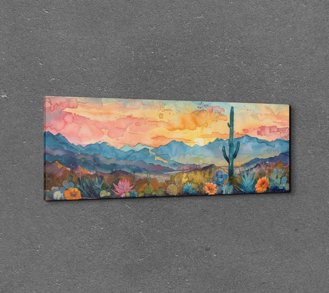 Desert Sunset Saguaro Cactus Wildflowers Watercolor Southwest Wall Art - Image 3