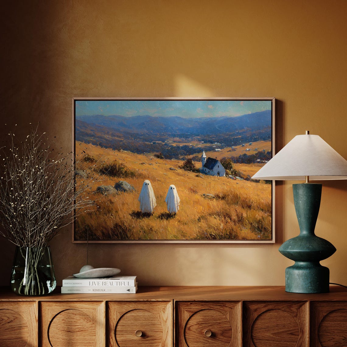 Two Cute Ghosts in Golden Autumn Field with Church Hills Poster