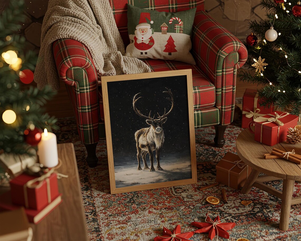 Majestic Reindeer In Winter Night Art Print