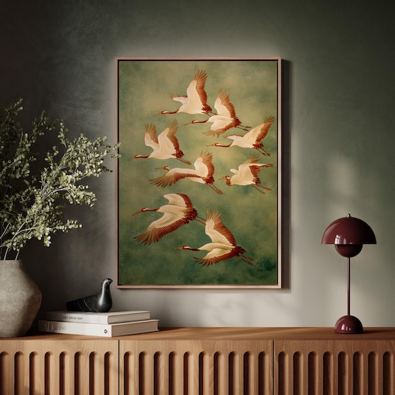 Japanese Crane Wall Art Elegant Flying Cranes Canvas Asian Minimalist Decor Redcrowned Artwork For Living Room Zen Spaces