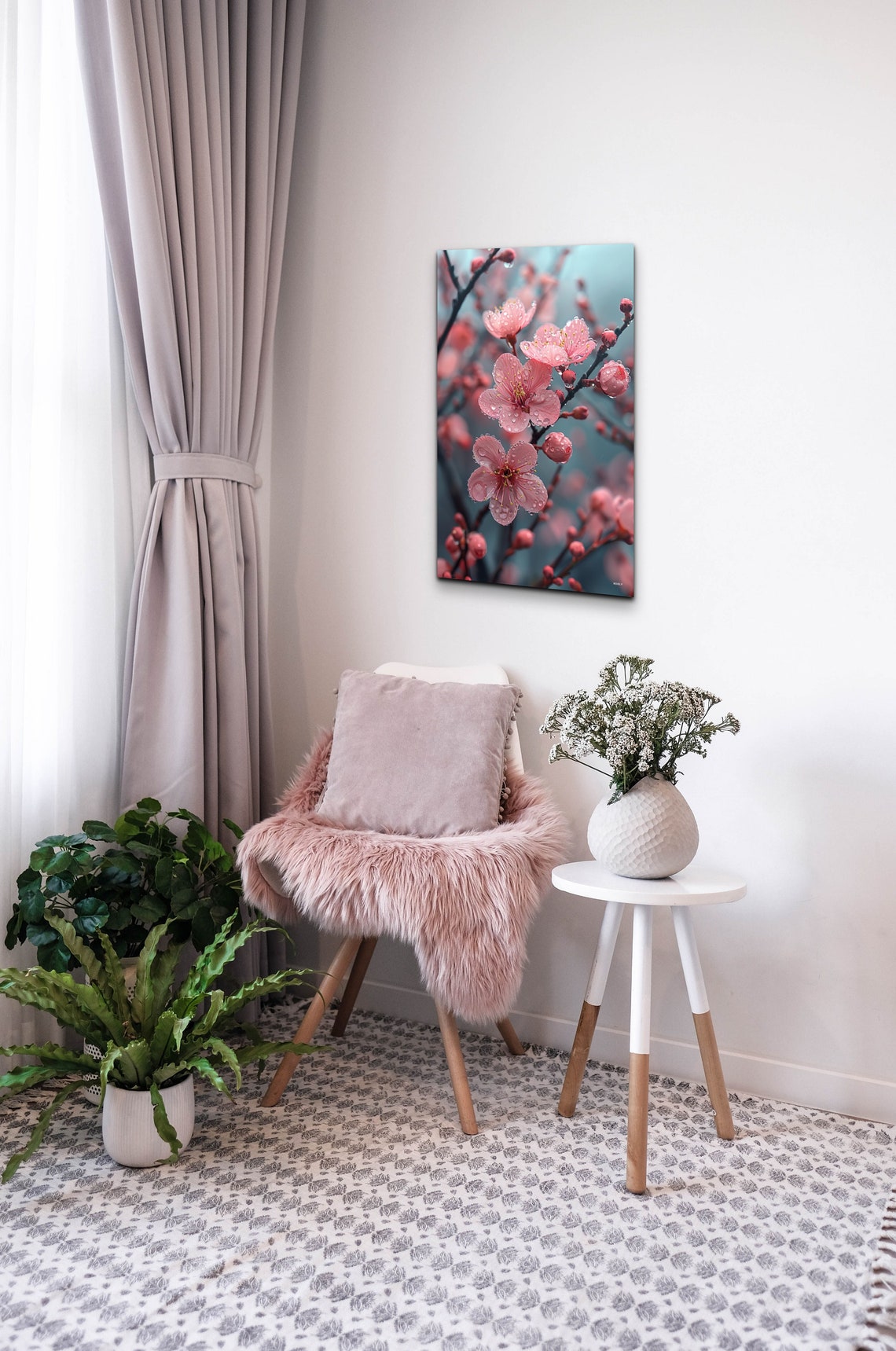 Pink Cherry Blossoms Raindrops Close-Up Spring Floral Wall Art - Image 5