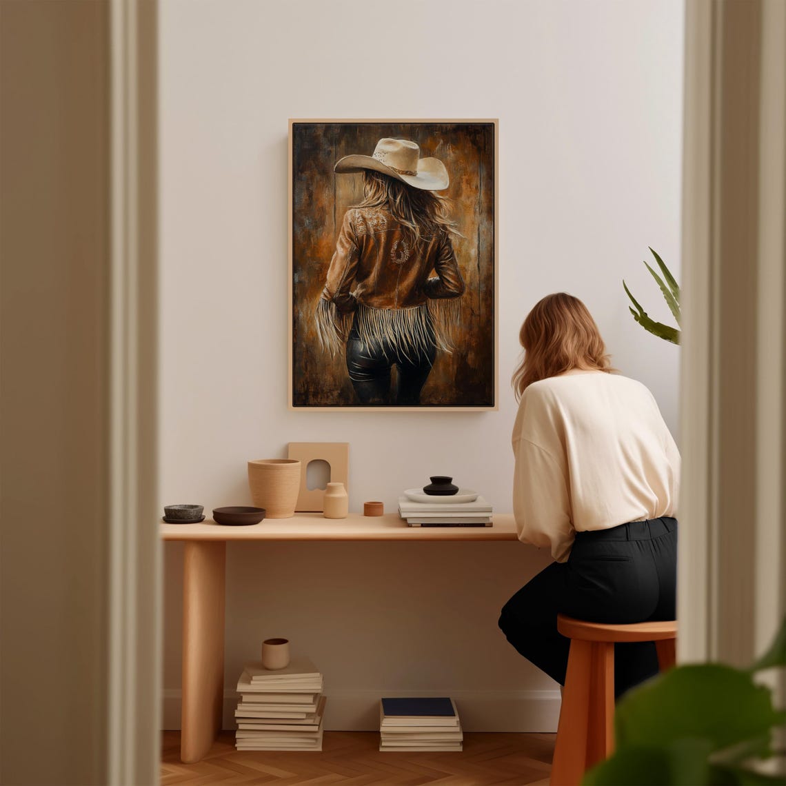 Western Cowgirl In Leather Fringe Jacket Rustic Wall Art For Country Farmhouse And Ranch Home Decor - Image 4