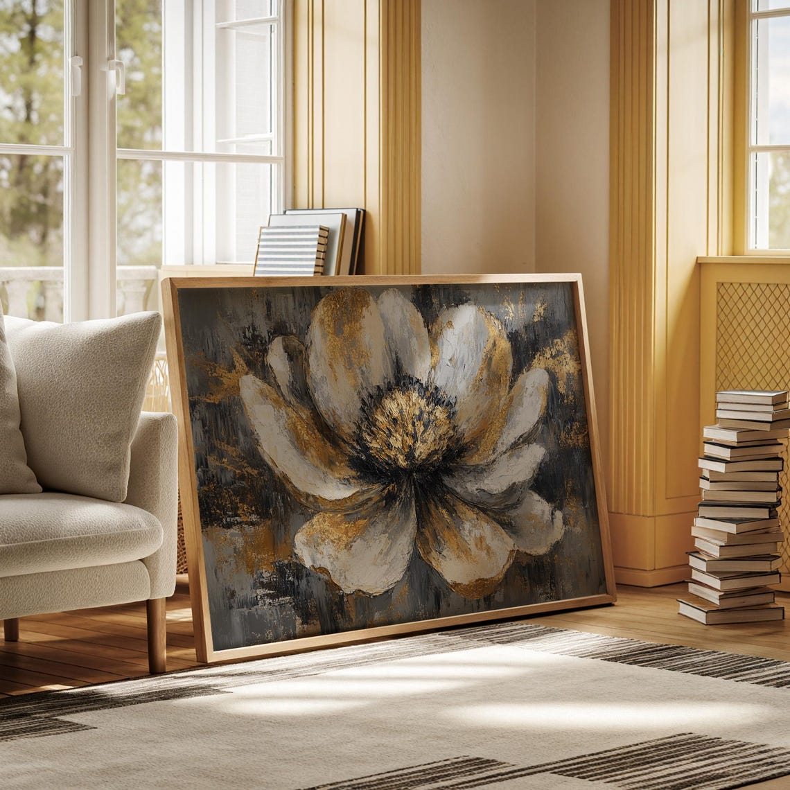 White Gold Abstract Flower Gray Textured Oil Painting Style Poster - Image 6