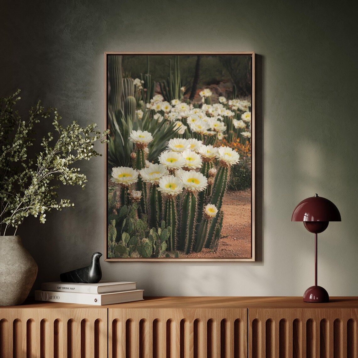 White Blooming Cactus Garden Desert Flowers Green Stems Poster