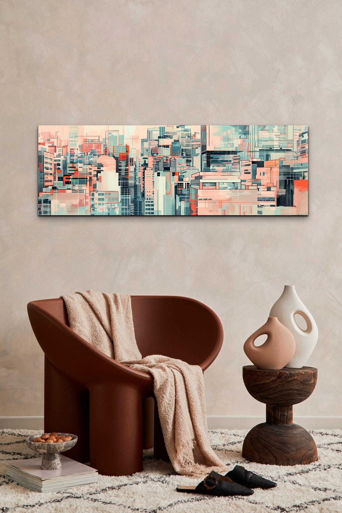 Soft Pink and Mint Abstract Cityscape Geometric Urban Art Poster - Image 3