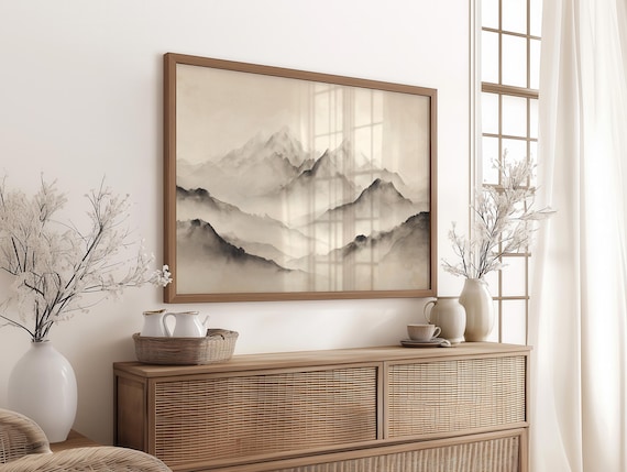 Misty Mountains Sepia Tones Ink Wash Asian Minimalist Art Poster