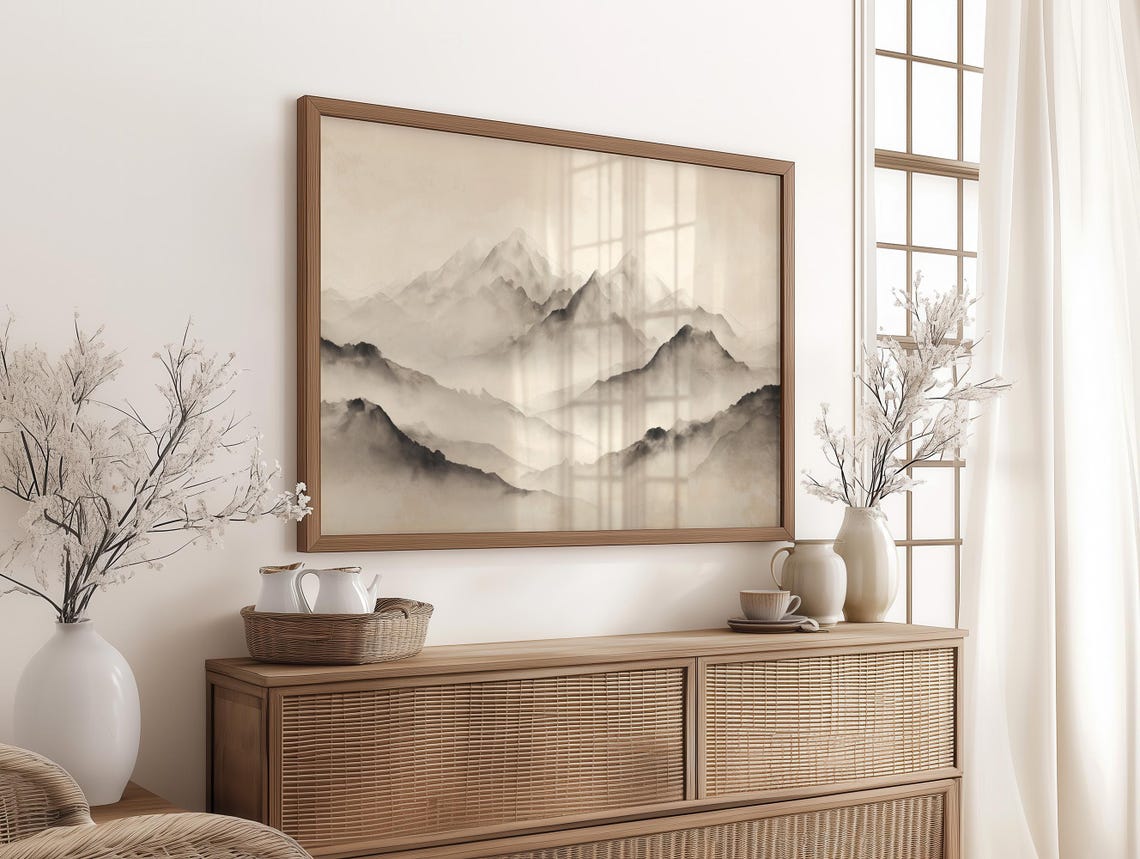 Misty Mountains Sepia Tones Ink Wash Asian Minimalist Art Poster