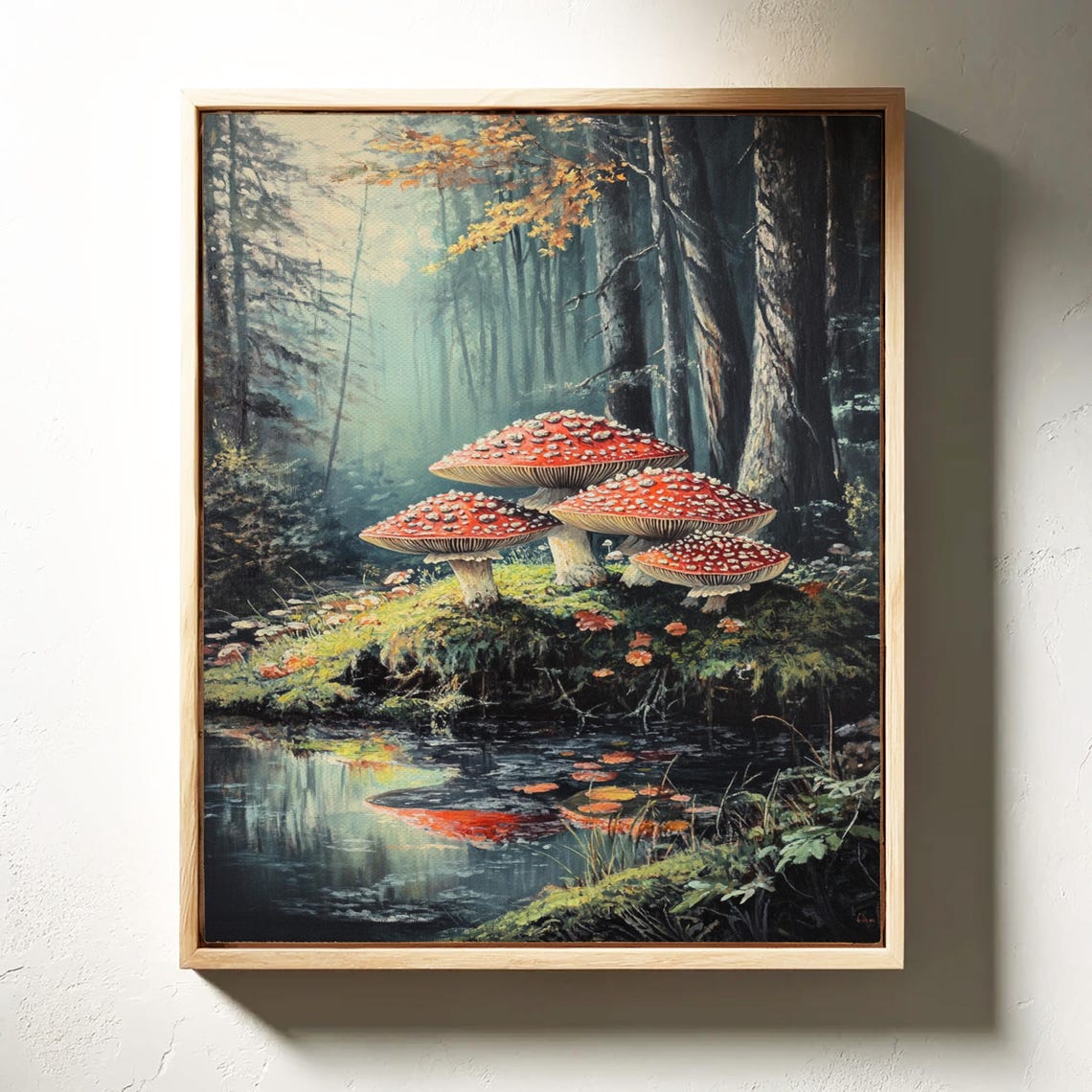 Red Capped Mushrooms by a Tranquil Pond in a Misty Forest Poster - Image 7