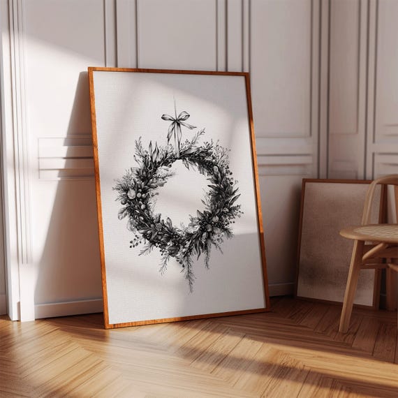 Vintage Botanical Christmas Wreath, Holiday Floral Art Print