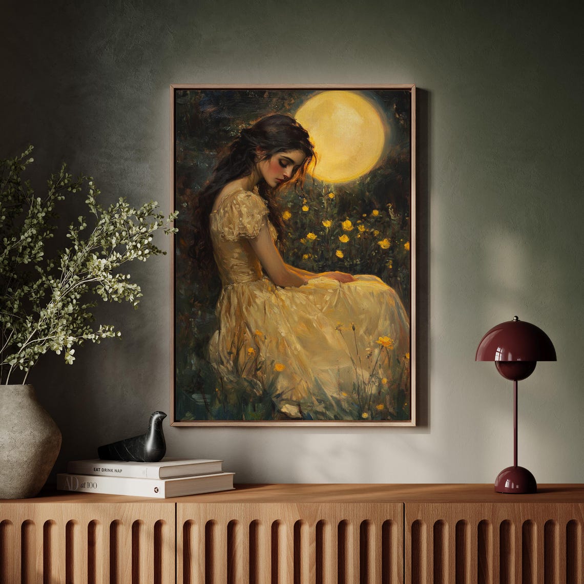Elegant Woman Cream Gown Moonlit Meadow Yellow Flowers Poster - Image 7