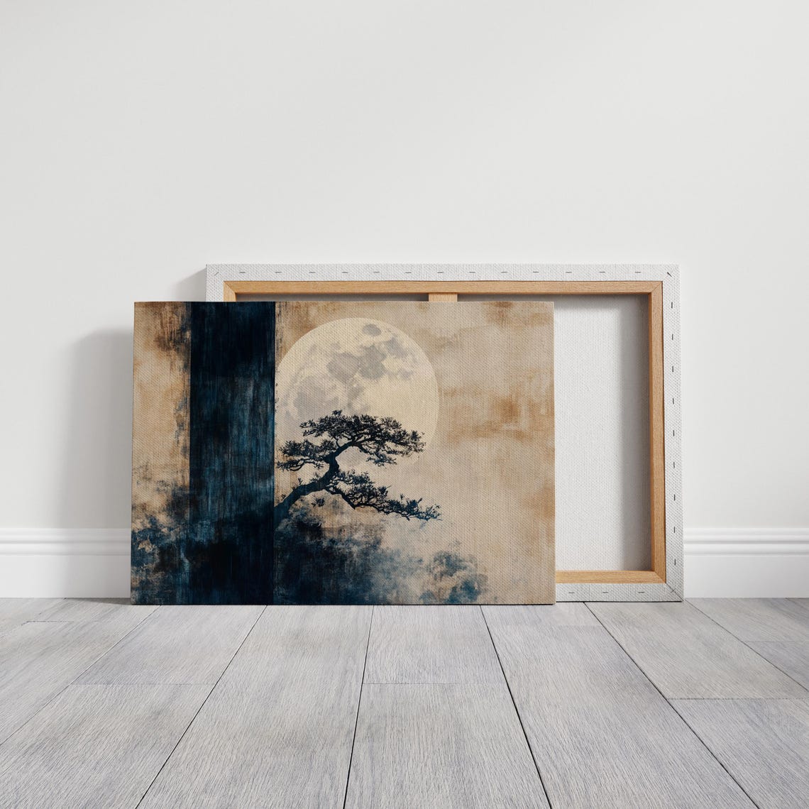 Japanese Zen Pine Tree Full Moon Navy Beige Minimalist Poster - Image 3