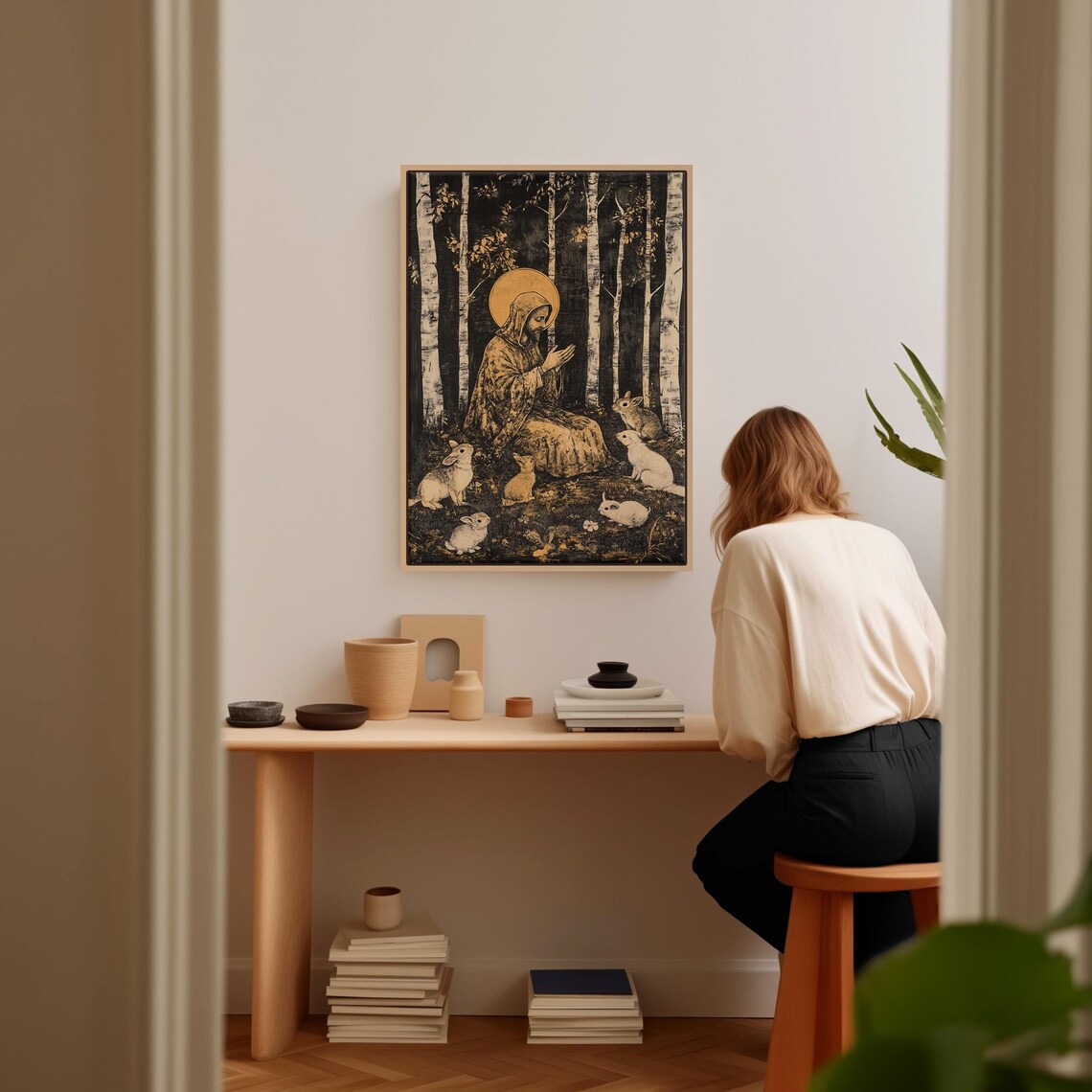 Woodland Monk Praying Among Rabbits In Golden Birch Forest Wall Art - Image 4