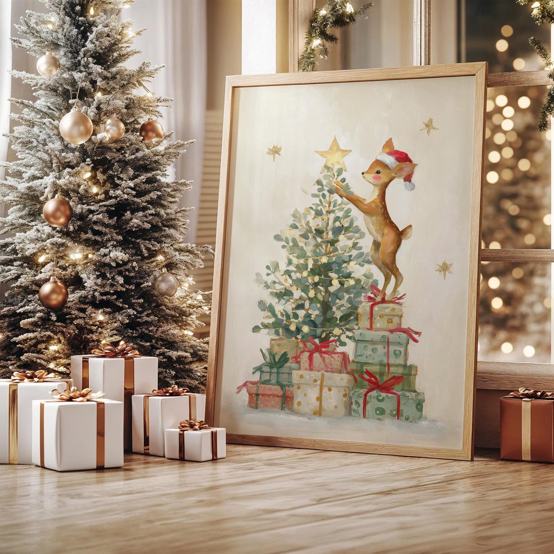 Cute Baby Deer Santa Hat Christmas Tree Star Watercolor Art Poster