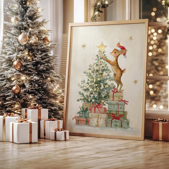 Cute Baby Deer Santa Hat Christmas Tree Star Watercolor Art Poster