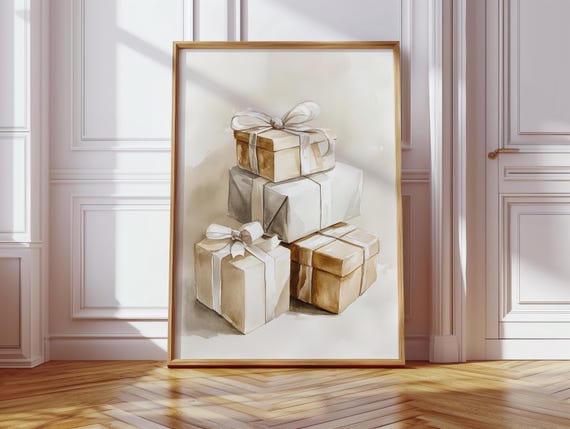 Neutral Gift Box Stack Wall Art Minimalist Beige And White Present Watercolor Canvas For Holiday Or Yearround Decor