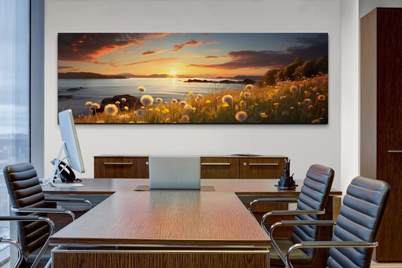 Dandelion Field Lake Sunset Golden Hour Panoramic Art Poster