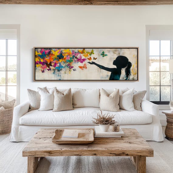 Colorful Butterfly Wall Art Girl Silhouette Painting Whimsical Abstract Artwork For Modern Home Nursery Or Office Decor
