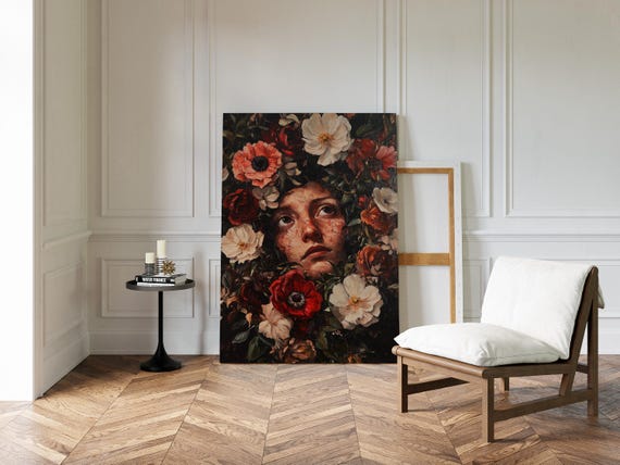 Woman In Red And White Floral Bloom Oil Painting Surreal Flower Face Wall Art Botanical Portrait Canvas For Moody Home Decor