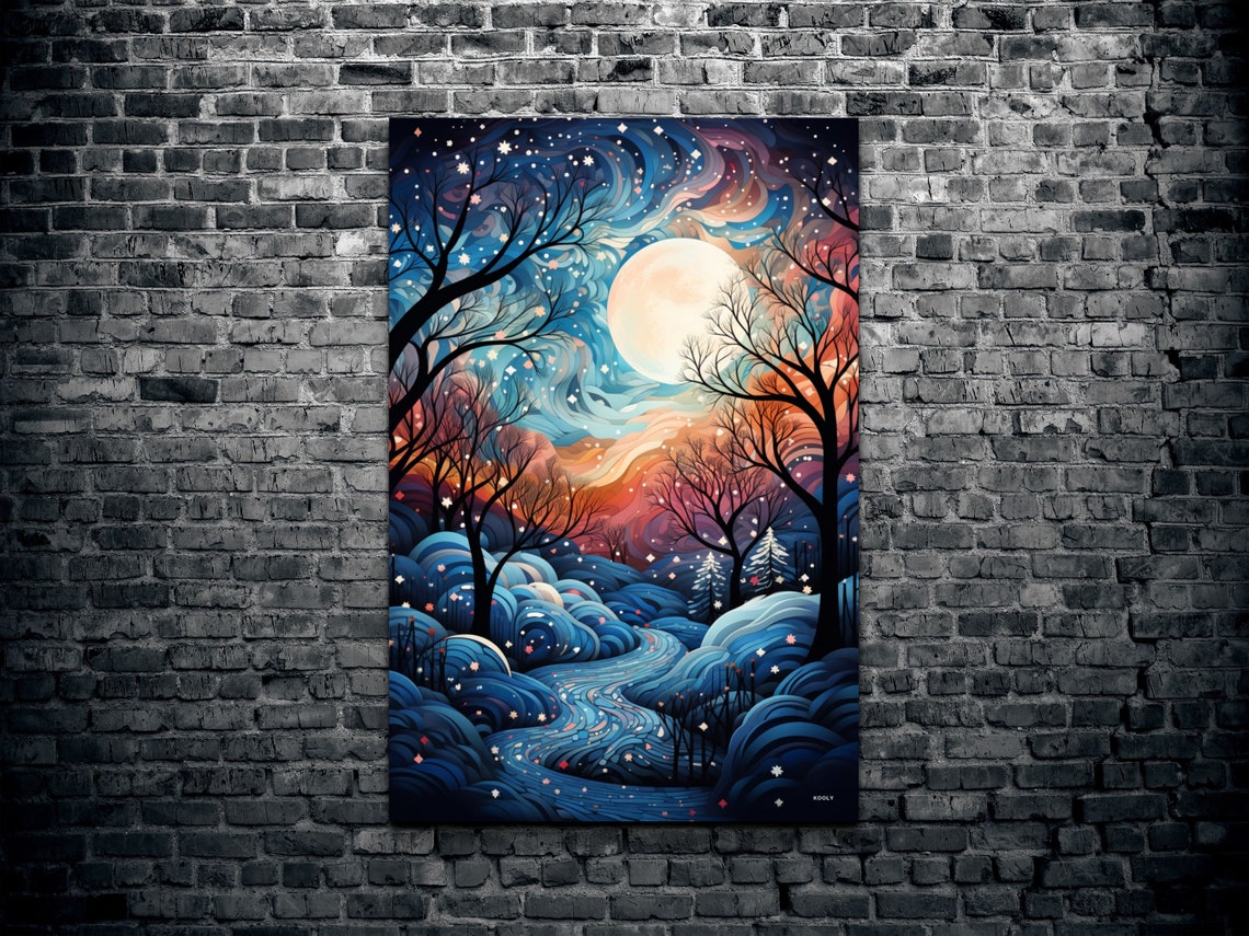 Starry Winter Night Full Moon Snowy Hills Whimsical Art Poster - Image 2
