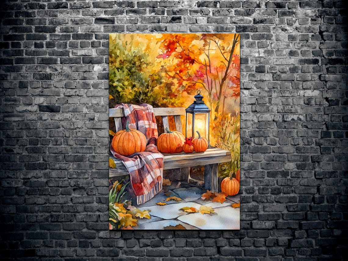 Autumn Porch Pumpkins Bench Lantern Plaid Blanket Art Poster - Image 2