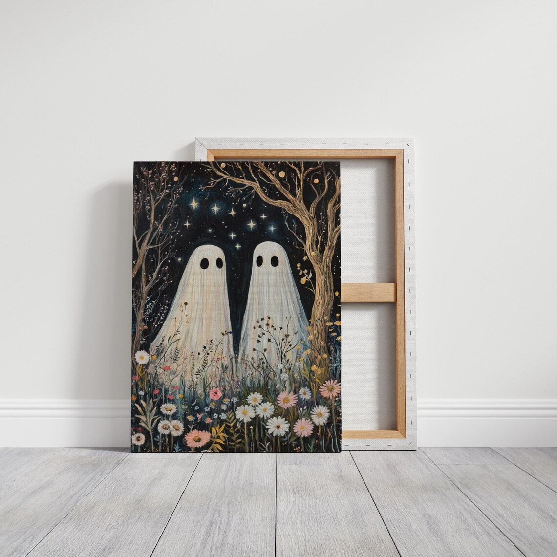 Two Ghosts Under Starry Night, Whimsical Fantasy Art Print - Image 3
