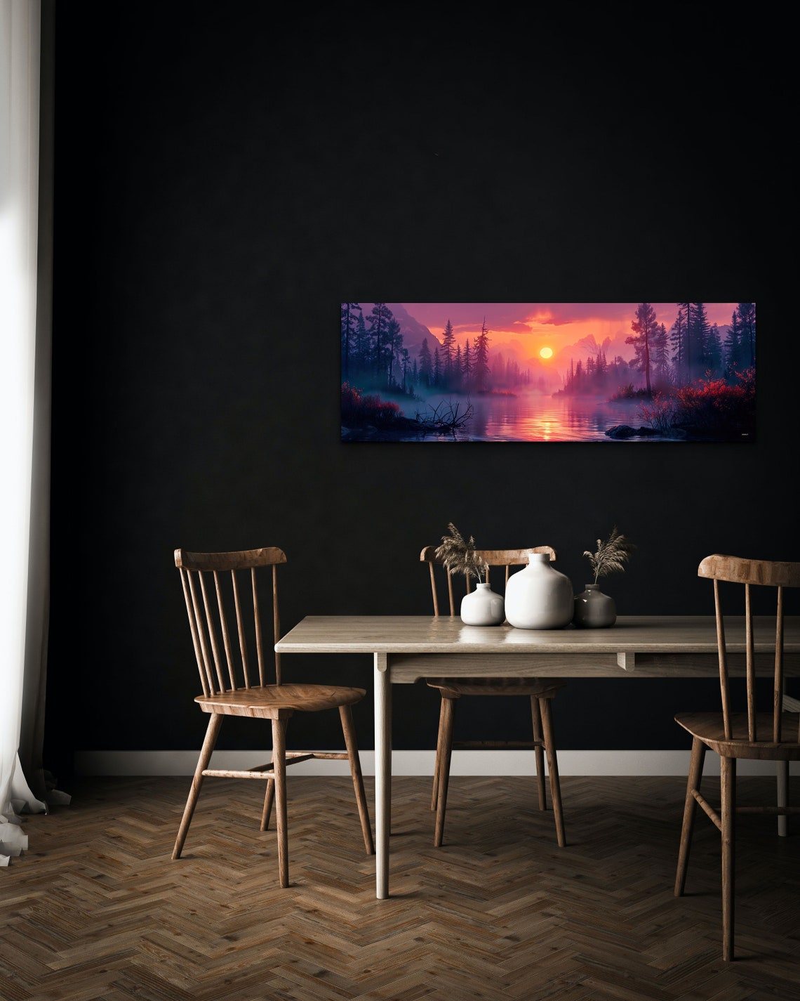 Mountain Lake Sunset Pine Trees Misty Orange Sky Panorama Wall Art - Image 3