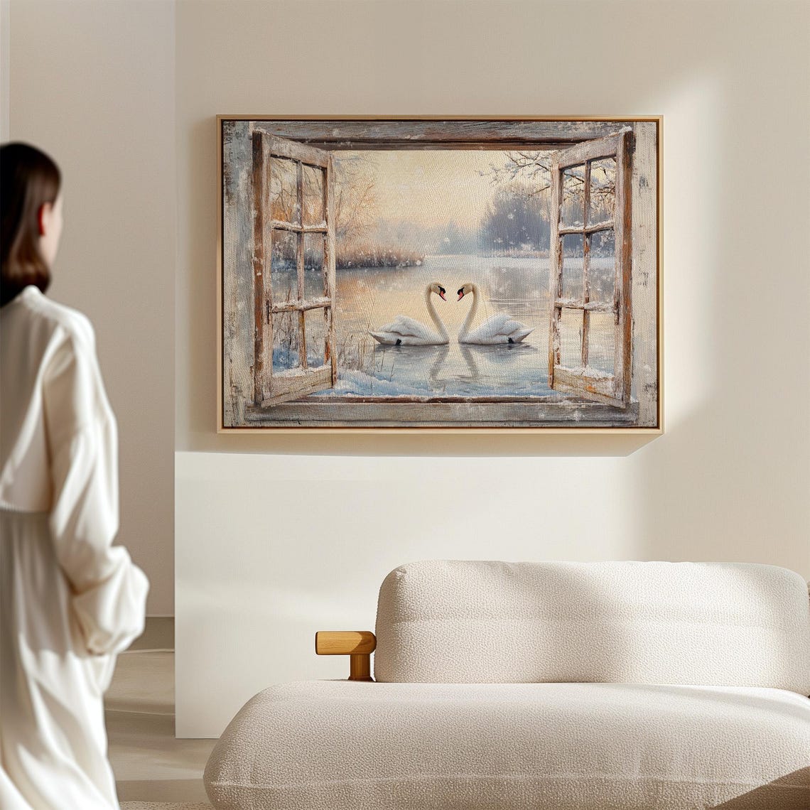 Pair Of Swans On Snowy Lake Rustic Window Frame Winter Poster - Image 4