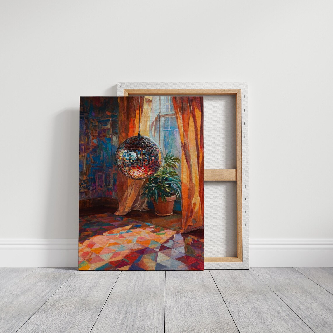Disco Ball Hanging in a Sunlit Room With Colorful Mosaic Floor Poster - Image 3