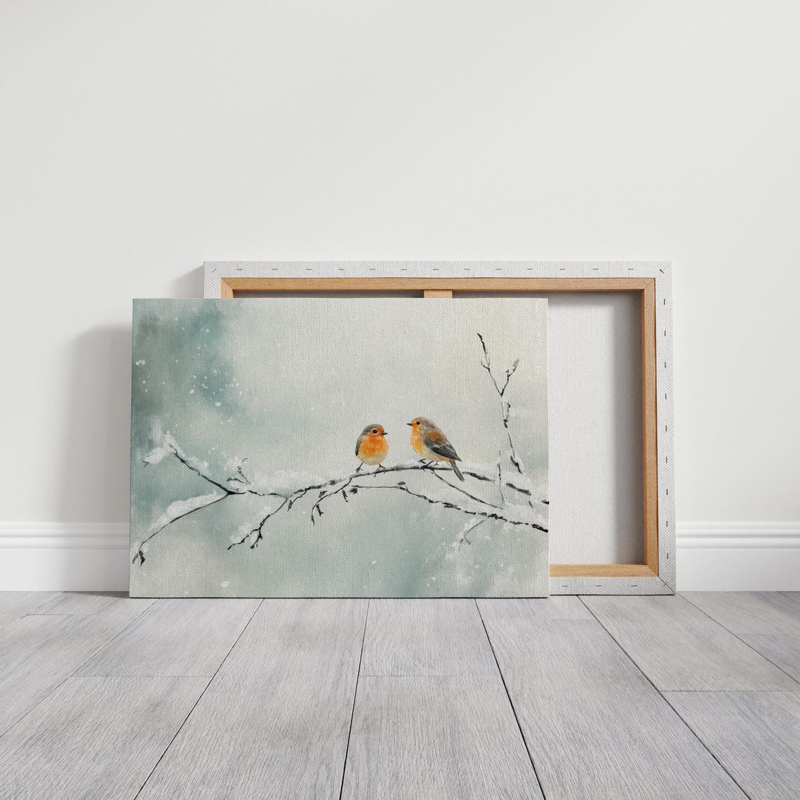Two Robins On A Snowy Branch In Falling Snow Watercolor Winter Poster - Image 7