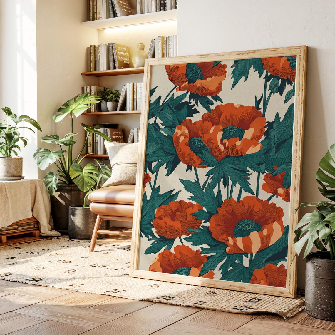 Bold Red Poppies Vintage Floral Illustration with Green Leaves Poster
