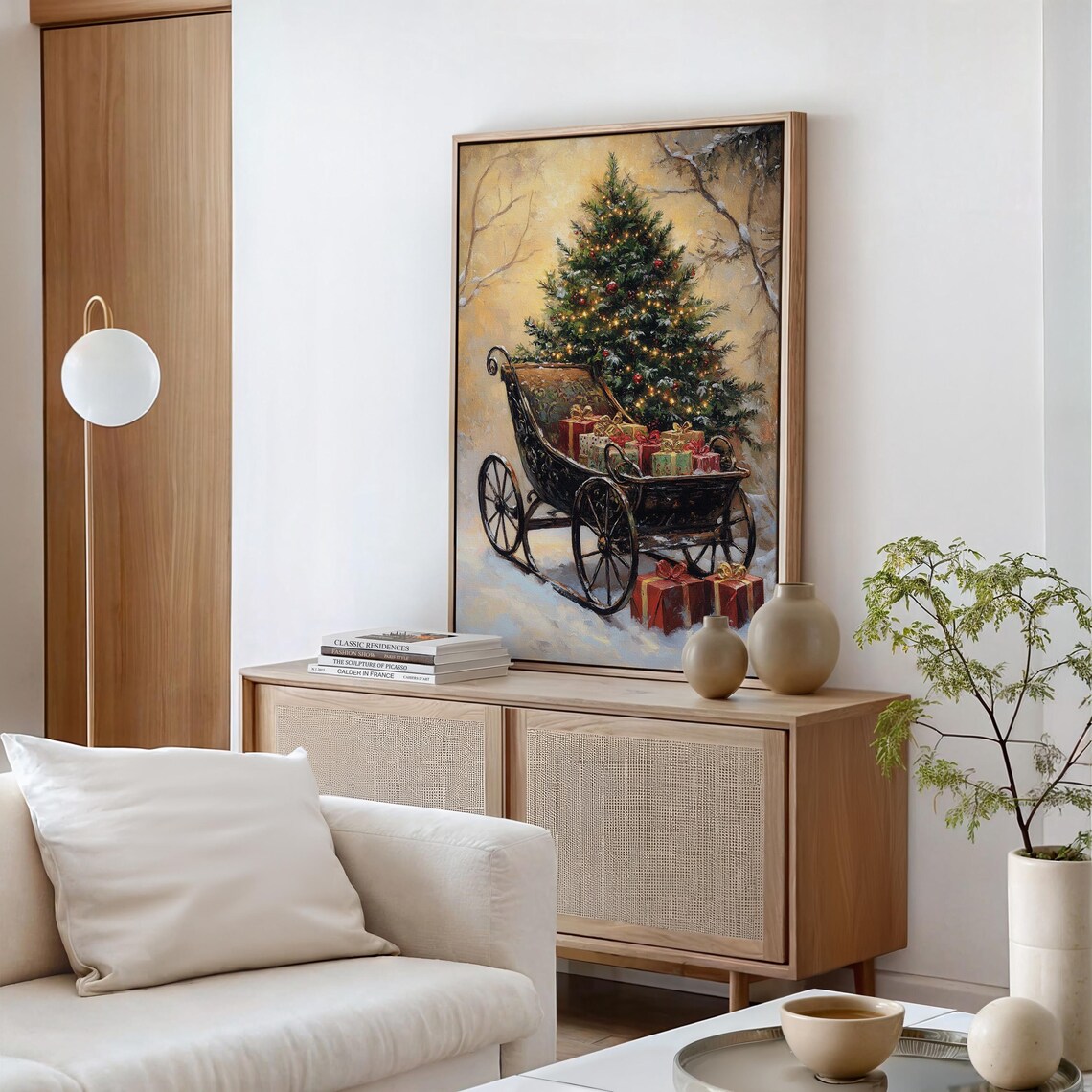 Vintage Christmas Sleigh With Tree And Gifts Snowy Holiday Poster - Image 3
