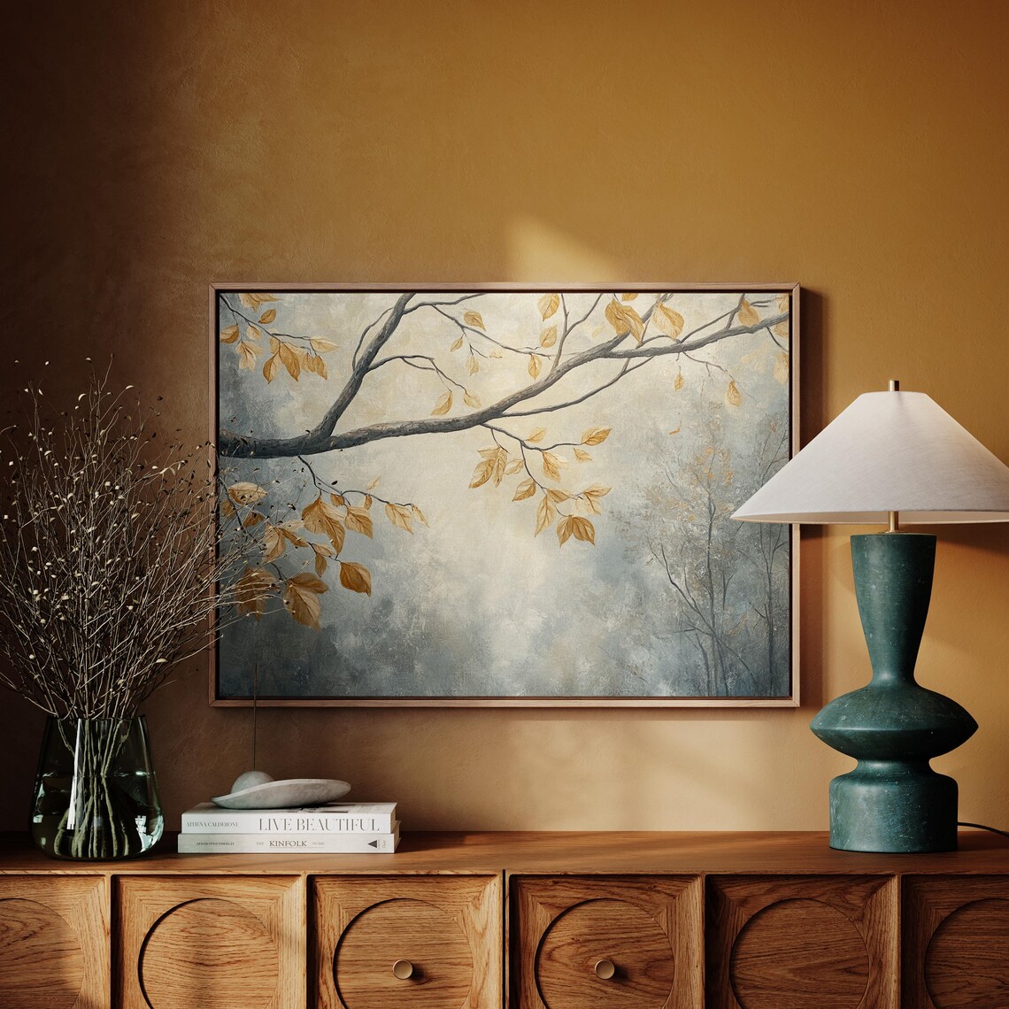 Minimalist Autumn Tree Branch Golden Leaves Misty Neutral Art Poster