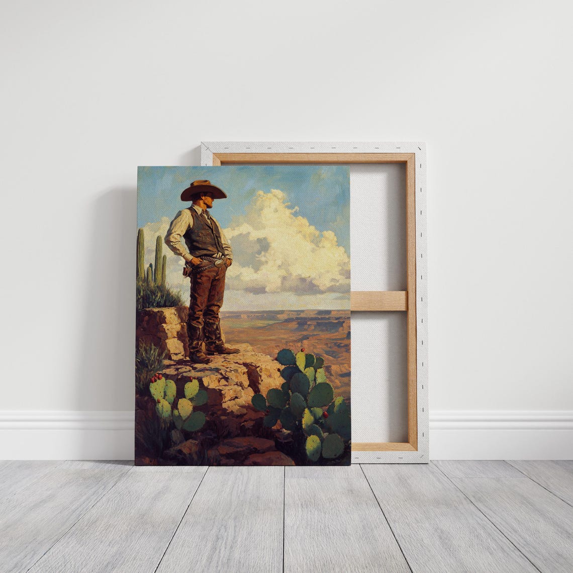 Lone Cowboy Surveying A Vast Desert Canyon From Cliff Top Poster - Image 4