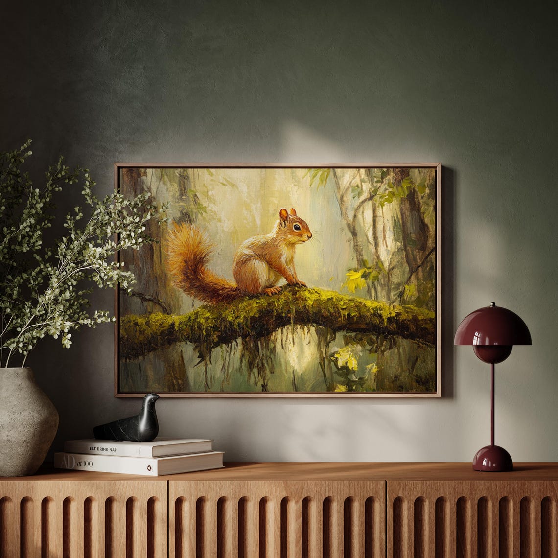 Cute Red Squirrel On Mossy Branch Sunlit Forest Painting Poster - Image 5