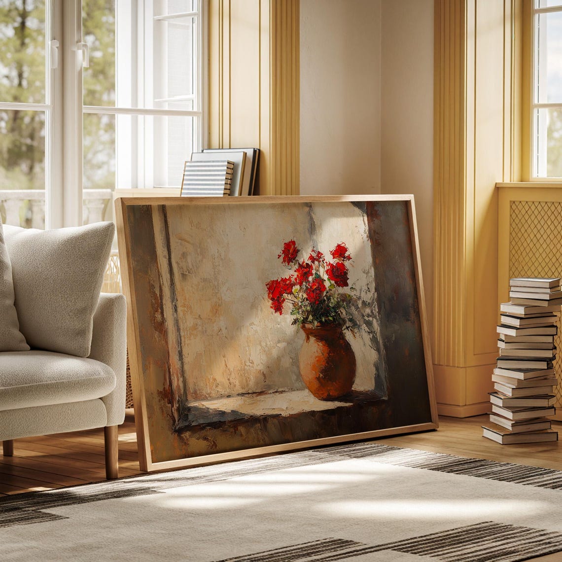 Rustic Red Roses In Clay Pot Vintage Oil Painting Sunlit Window Poster